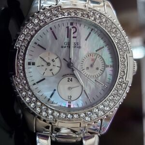 GUESS Silver Mother-of-Pearl Crystal-Trim Chronograph Watch